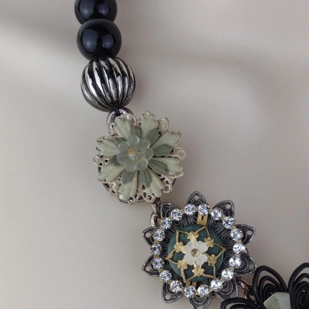 Vintage Mixed Metal Highly Crafted Varied Flower Pendants Black Bead Necklace